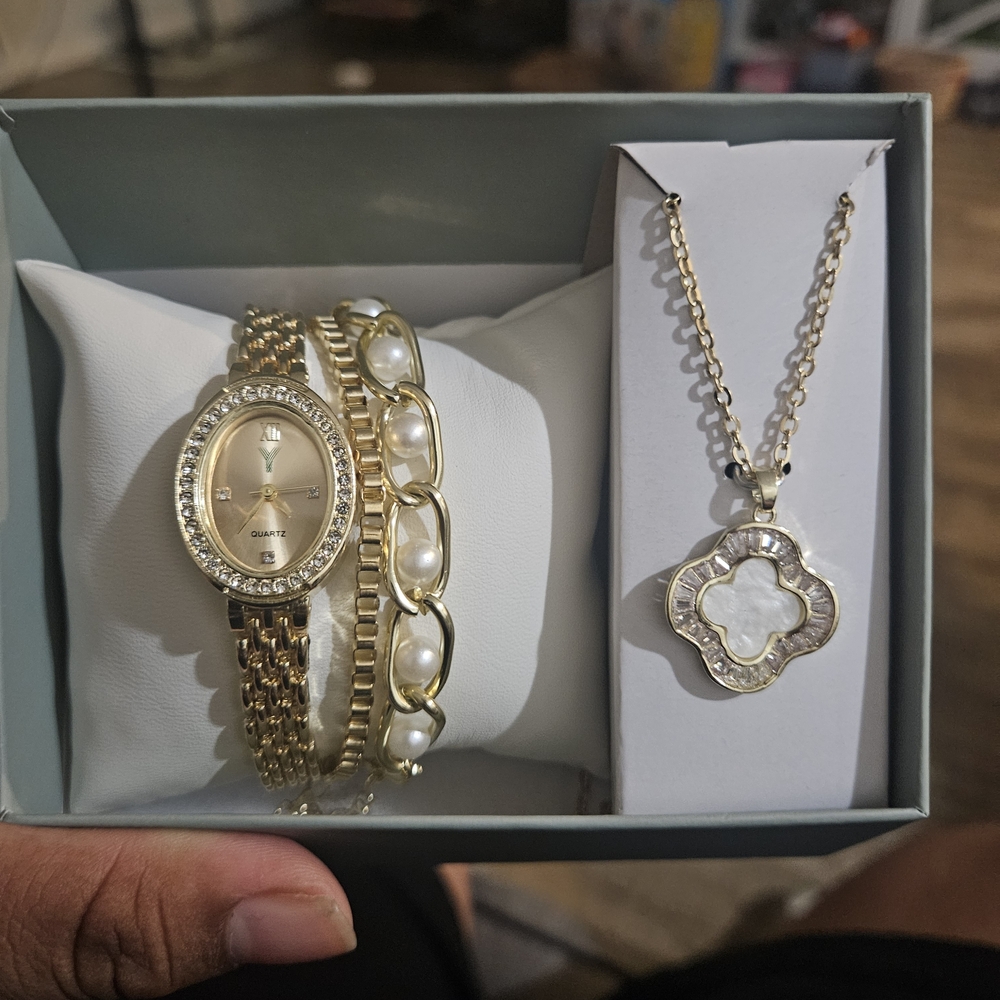 Elegant Gold and Pearl Watch and Necklace Set